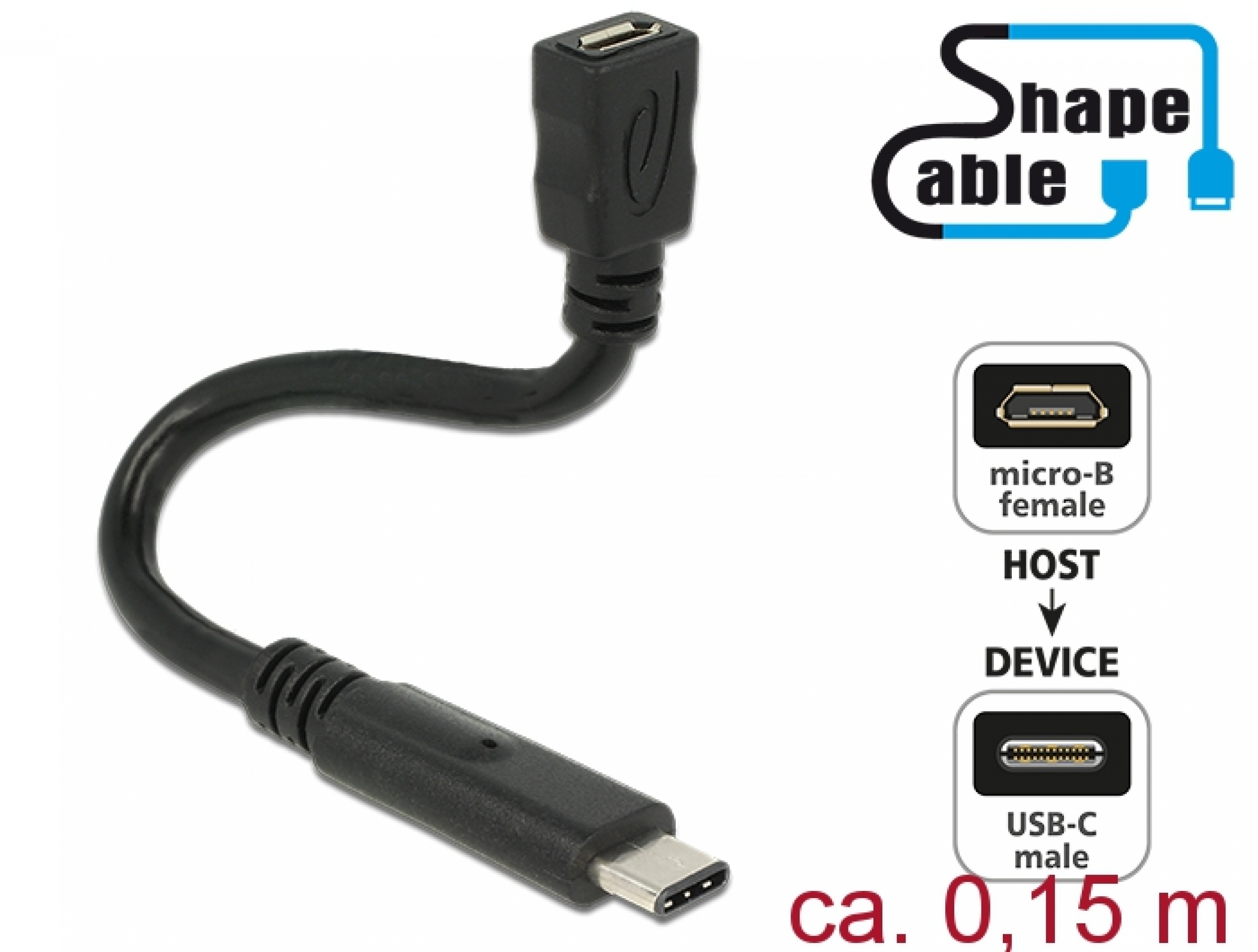 Prolunga USB 2.0 Delock Femmina-Maschio 0.15m - Cavo Modellabile ShapeCable, Nero