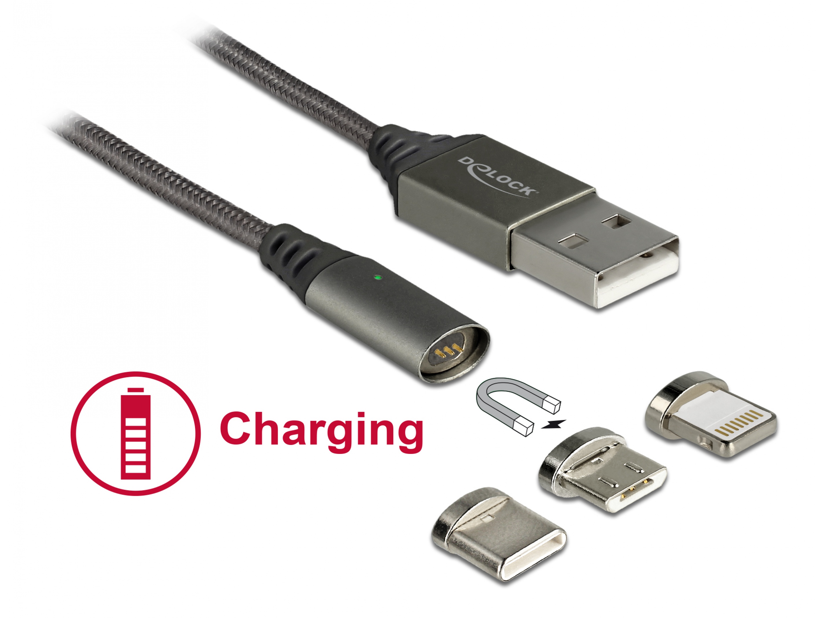 twenty assemble Parana River Cablu de incarcare magnetic USB la Lightning 8 pini / Micro USB / USB- C  antracit 1m, Delock 85705