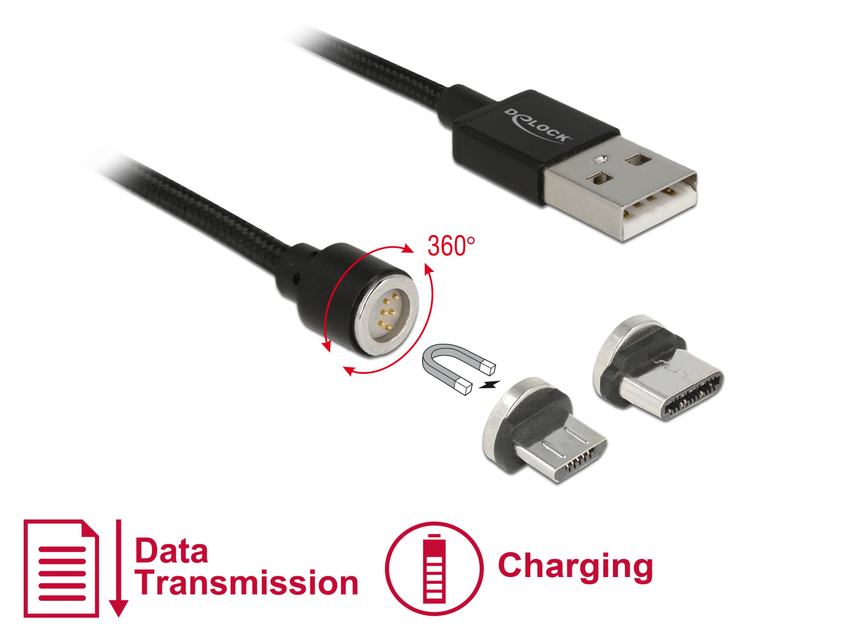 Erase Mysterious session Cablu USB magnetic date + incarcare Micro USB / USB-C 1.1m Negru, Delock  85723