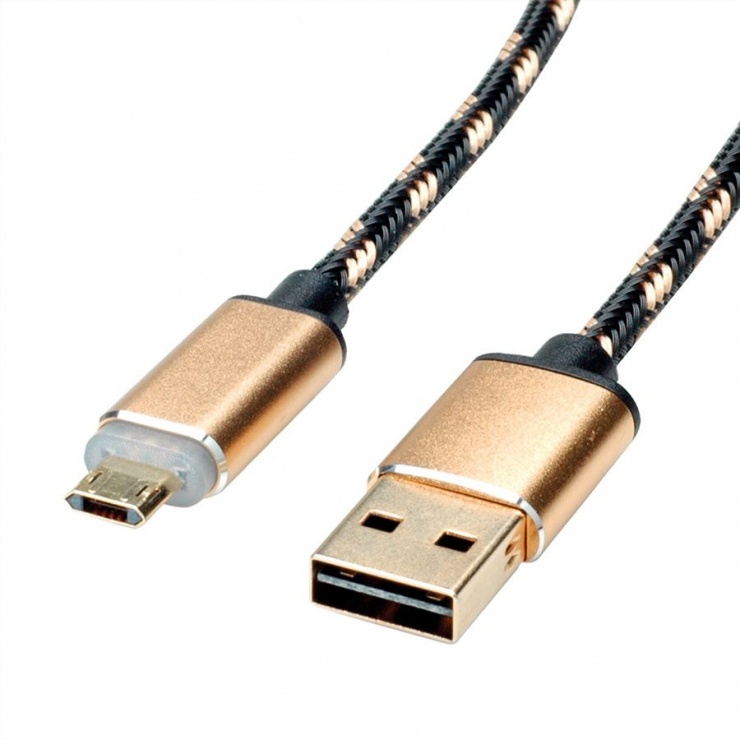 Cablu usb la micro usb-b reversibil cu led gold quick/fast charge 2.0 (incarcare rapida) t-t 1m, roline 11.02.8319 