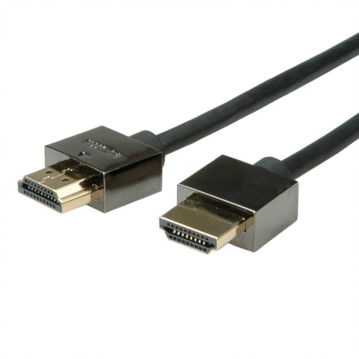 Cablu HDMI v1.4 Slim High Speed + Ethernet T-T 2m Negru, Roline 11.04.5592 conectica.ro