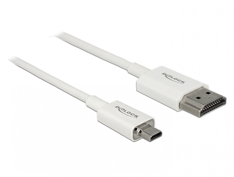 Cablu HDMI la micro HDMI-D T-T 3D 4K 2m Slim Premium Alb, Delock 85151 85151