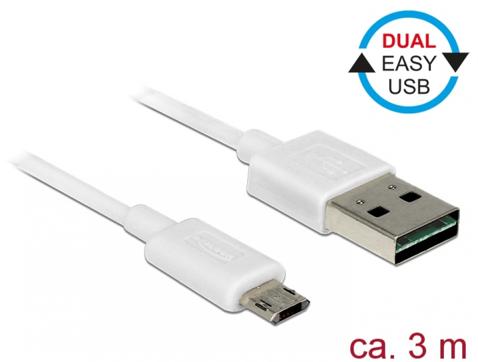 Cablu micro USB-B EASY-USB la USB-A 2.0 EASY-USB T-T 3m Alb, Delock 85204