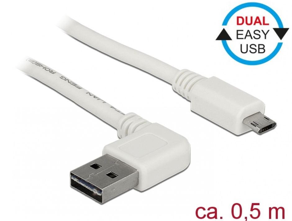 Cablu easy-usb 2.0 tip a unghi stanga/dreapta la micro usb-b easy-usb t-t 0.5m alb, delock 85170