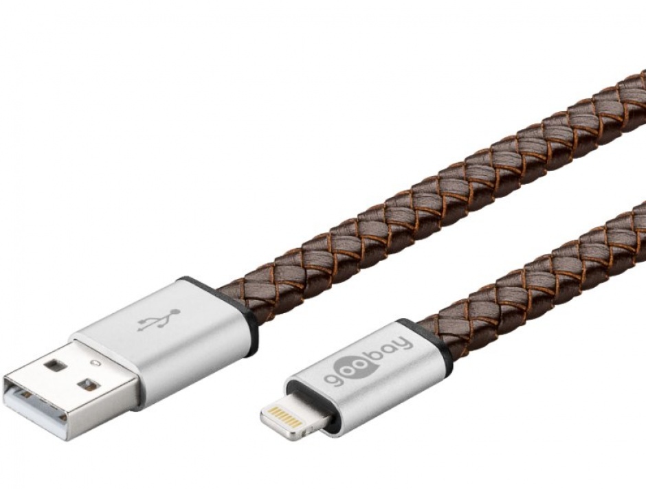 Cablu de incarcare si date USB 2.0 la Lightning invelis piele 0.2m, Goobay 0.2m imagine noua 2022