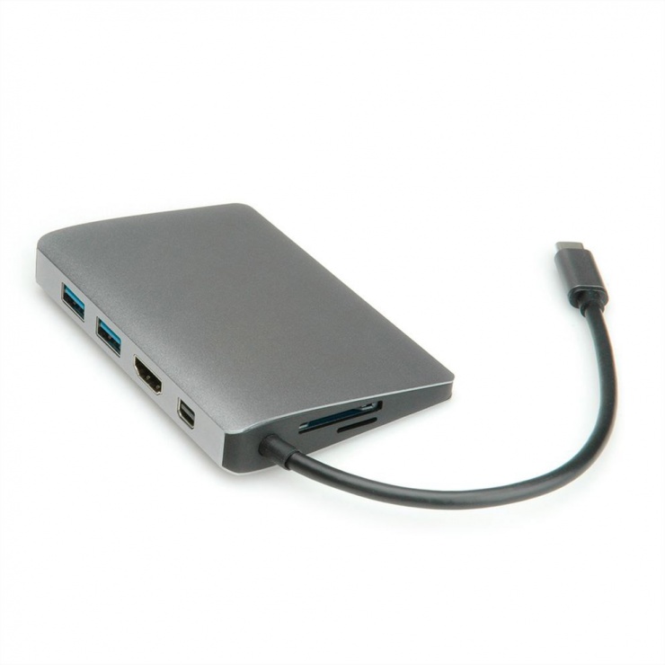 Docking station USB-C la 4K HDMI, Mini DP, 2 x USB 3.0, 1 x SD/MicroSD, 1 x USB-C PD (Power Delivery), 1 x Gigabit RJ45, Roline 12.02.1021 conectica.ro