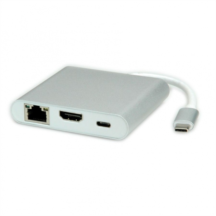 Docking station USB-C la HDMI 4K, USB 3.0, USB-C PD (Power Delivery), Gigabit LAN, Roline 12.02.1020 imagine noua