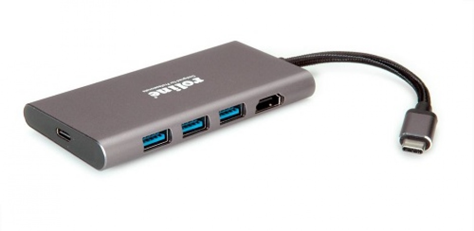 Docking Station USB-C la 4K HDMI, 3 x USB 3.0, 1 x SD/MicroSD card reader, 1 x USB-C PD (Power Delivery), Roline 12.02.1115 imagine noua