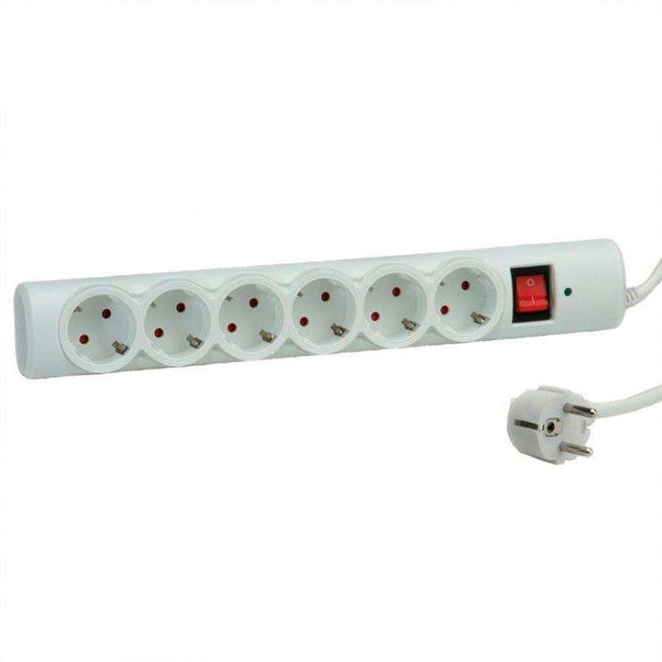 Prelungitor cu protectie 6 prize schuko 1.5m alb switch on/off, value 19.99.1071
