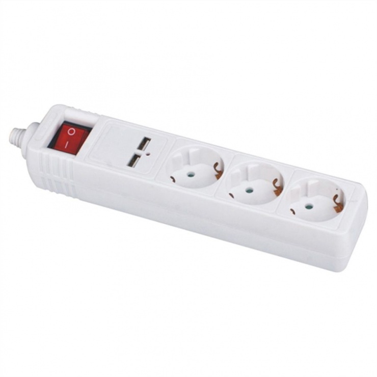 Prelungitor 3 prize Schuko 1.5m cu switch ON/OFF si 2 porturi USB alb, Value 19.99.1035