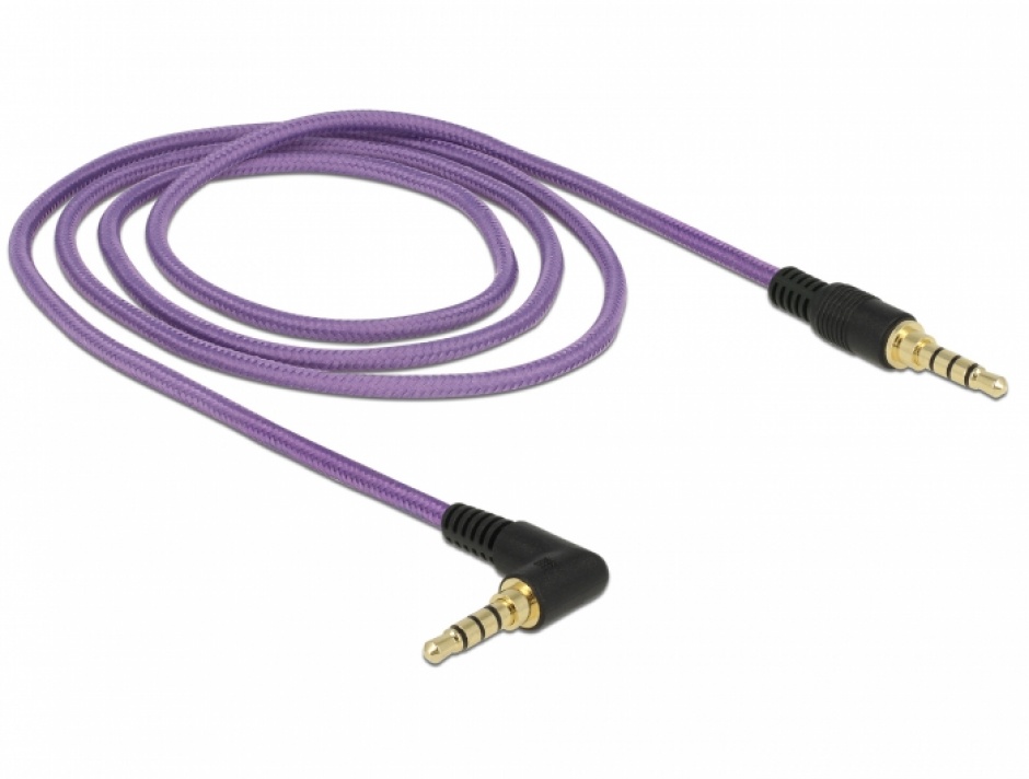 Cablu stereo jack 3.5mm 4 pini unghi Mov (pentru smartphone cu husa) T-T 1m, Delock 85611 1m
