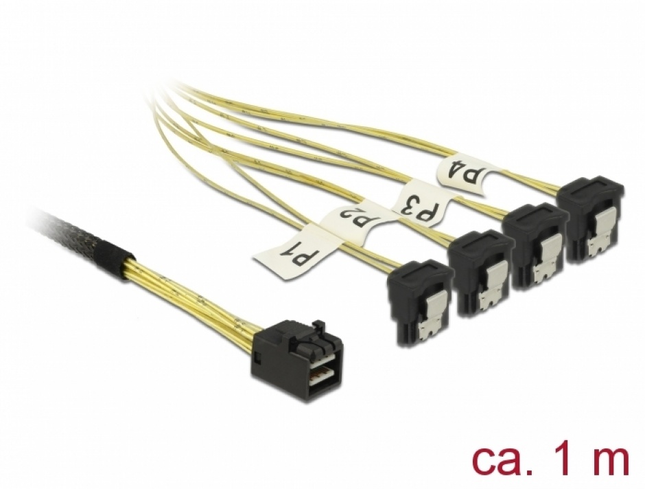Cablu Mini SAS HD SFF-8643 la 4 x SATA unghi 1m, Delock 85685 1m imagine noua 2022