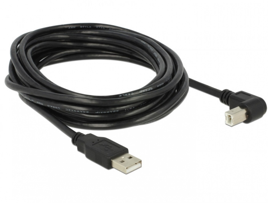 Cablu USB 2.0-A la USB 2.0-B unghi 90°  T-T 5m Negru, Delock 83530