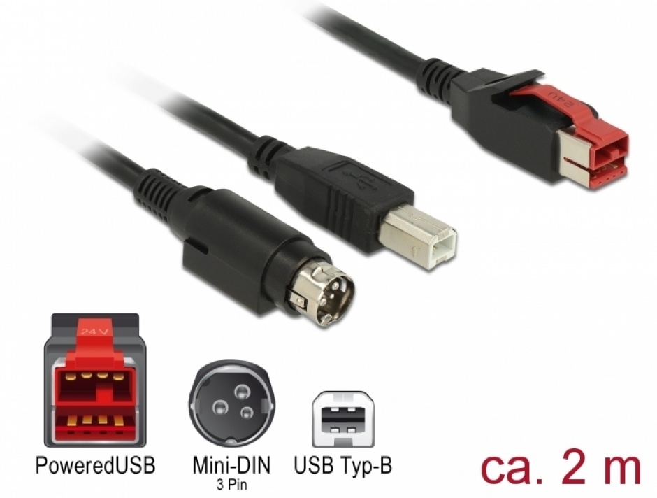 Cablu PoweredUSB 24V la USB-B + Hosiden Mini-DIN 3 pini 2m pentru POS/terminale, Delock 85488 24V imagine noua 2022