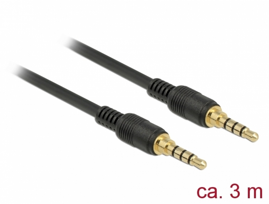 Cablu stereo jack 3.5mm 4 pini (pentru smartphone cu husa) Negru T-T 3m, Delock 85601
