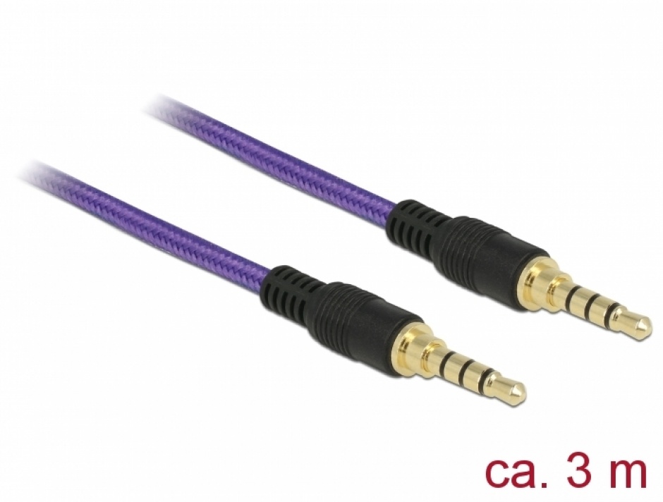 Cablu audio jack stereo 3.5mm (pentru smartphone cu husa) t-t 4 pini 3m mov, delock 85602