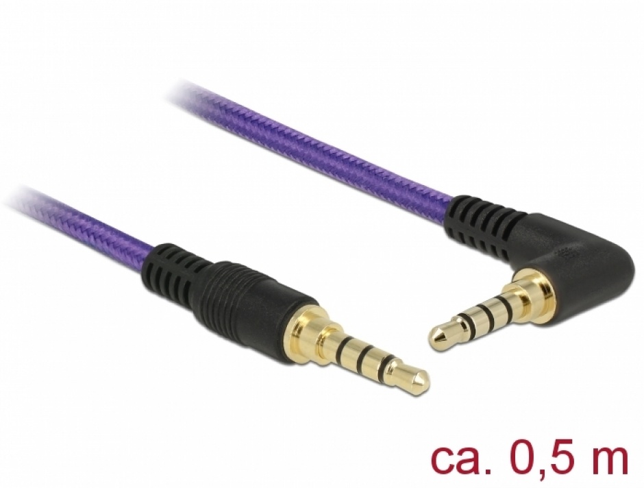 Cablu stereo jack 3.5mm 4 pini (pentru smartphone cu husa) unghi mov t-t 0.5m, delock 85608