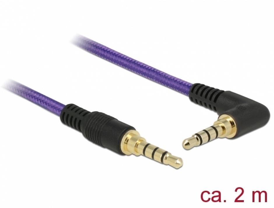 Cablu stereo jack 3.5mm 4 pini (pentru smartphone cu husa) unghi mov t-t 2m, delock 85614