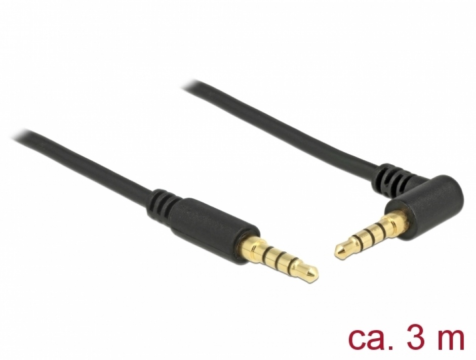 Cablu Stereo Jack 3.5 mm (pentru smartphone cu husa) 4 pini unghi 3m T-T Negru, Delock 85616 conectica.ro