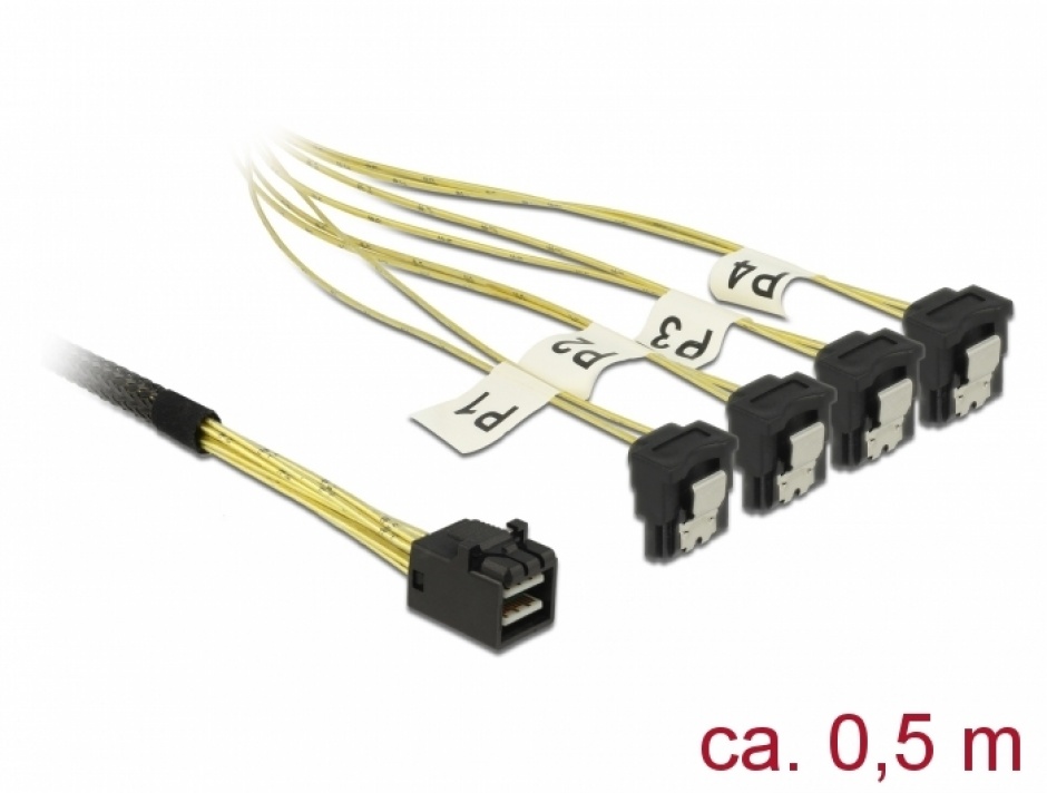 Cablu Mini SAS HD SFF-8643 la 4 x SATA unghi 0.5m, Delock 85684 conectica.ro imagine noua 2022