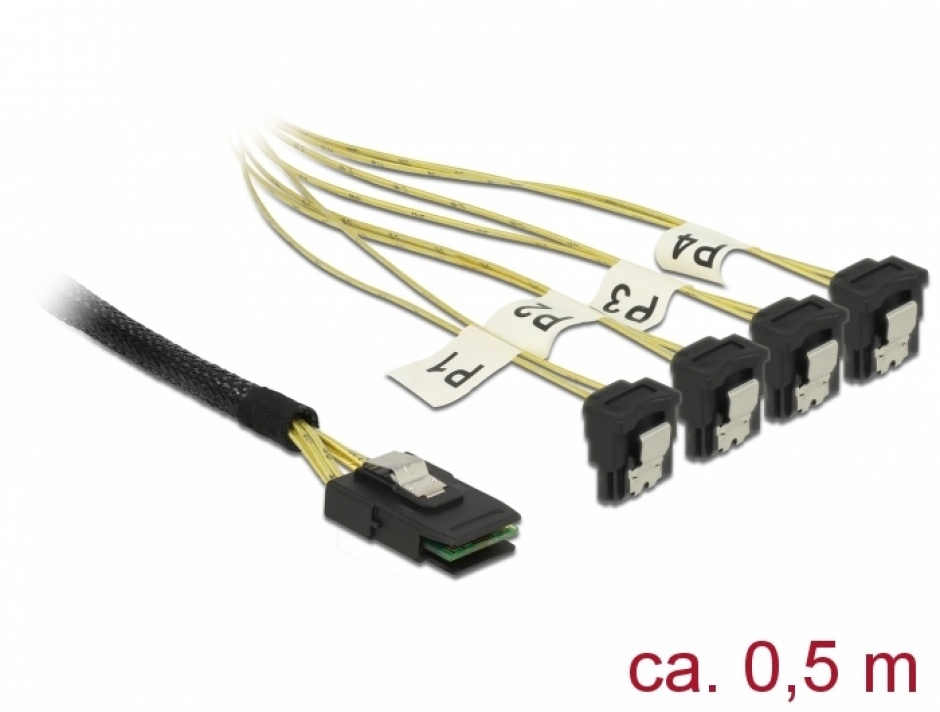 Cablu Mini SAS SFF-8087 la 4 x SATA unghi 0.5m, Delock 85686 conectica.ro
