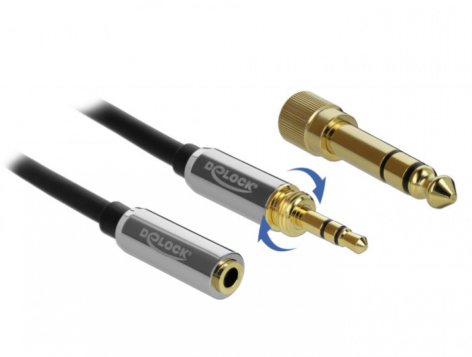 Cablu prelungitor jack stereo 3.5mm 3 pini T-M + adaptor cu surub 6.35 mm 5m, Delock 85783 imagine noua