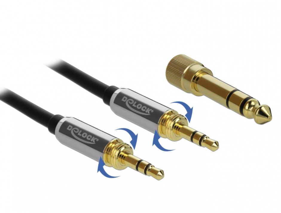 Cablu jack stereo 3.5mm 3 pini T-T + adaptor cu surub 6.35 mm 0.5m, Delock 85784 imagine noua