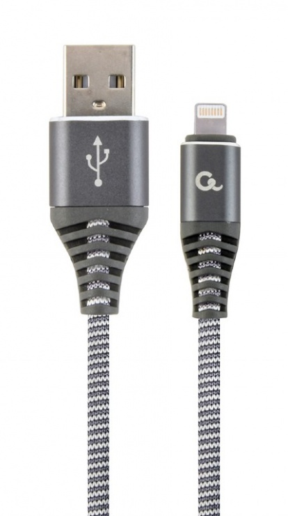 Cablu date + incarcare USB la iPhone Lightning Premium 1m Silver/Alb, Gembird CC-USB2B-AMLM-1M-WB2 conectica.ro
