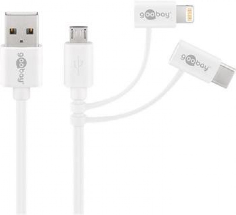 Cablu combo 3 in 1 micro USB cu adaptor USB-C si Lightning MFI 1m Alb, Goobay 45562 imagine noua