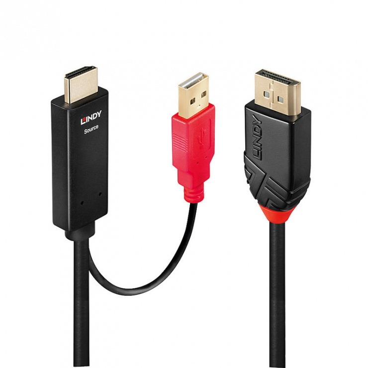 Cablu HDMI la Displayport cu alimentare USB T-T 1m Negru, Lindy L41425 conectica.ro