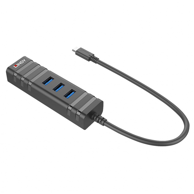 Adaptor USB 3.1 tip C la Gigabit + HUB 3 porturi, Lindy L43249 imagine noua