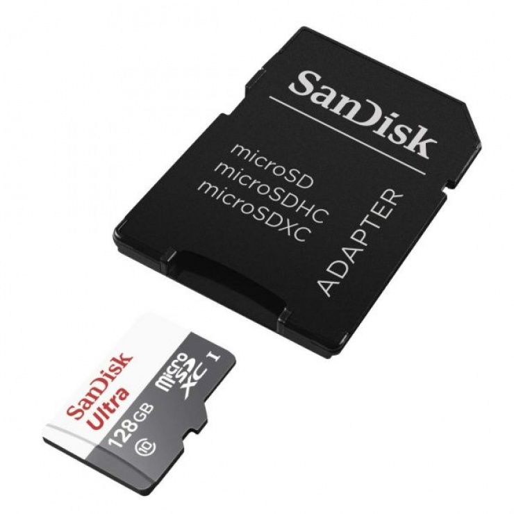 Card de memorie microSDXC 128GB clasa 10 + adaptor SD, Sandisk Ultra conectica.ro