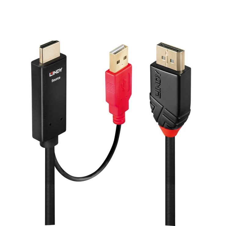 Cablu HDMI la Displayport cu alimentare USB T-T 2m Negru, Lindy L41426 Alimentare