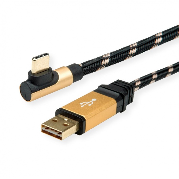 Cablu USB 2.0 tip C unghi 90 grade la USB-A reversibil GOLD T-T 0.8m, Roline 11.02.9060 conectica.ro