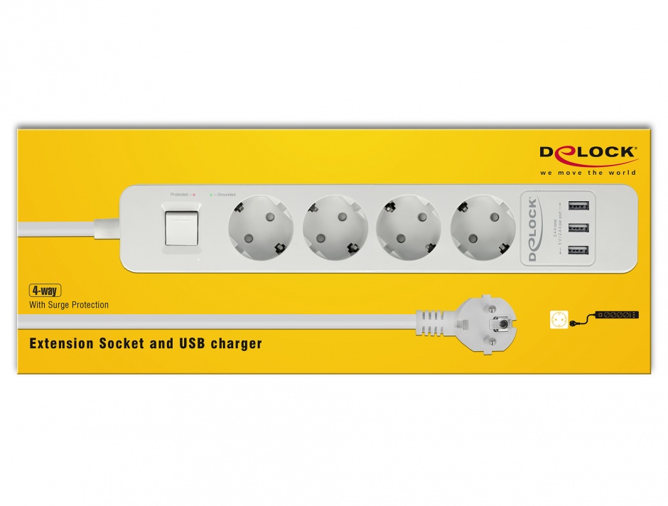 Prelungitor cu protectie 4 prize 16A si 3 x USB 5V/2.4A 1.5m Alb, Delock 11206 conectica.ro