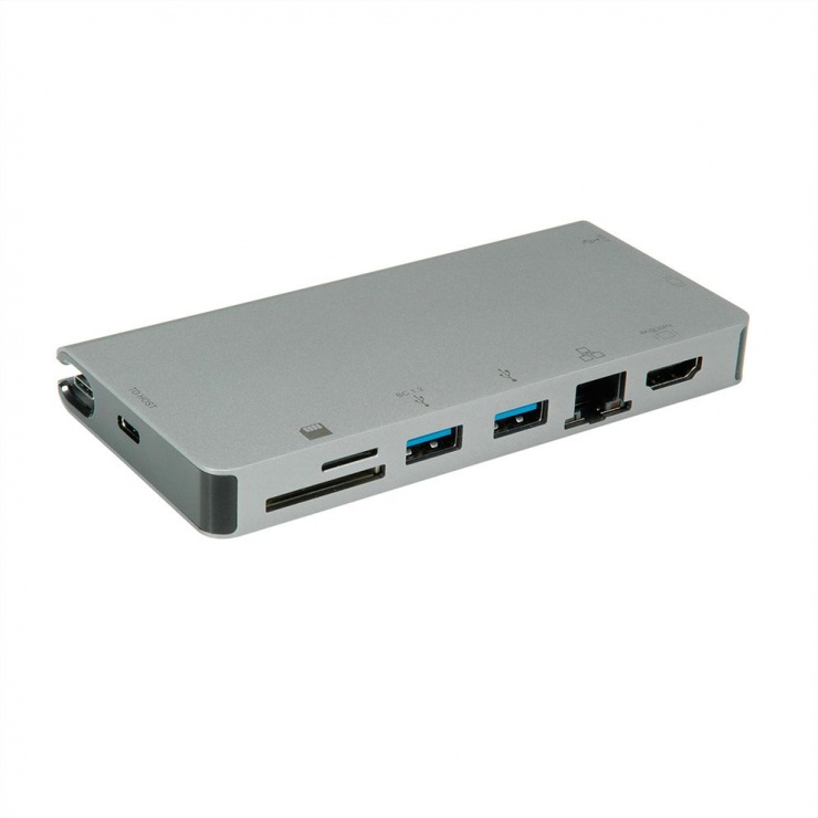 Docking station USB-C la HDMI 4K60Hz/VGA/2 x USB 3.1 Gen 1/LAN/PD/Cititor de carduri, Roline 12.02.1022 1/LAN/PD/Cititor