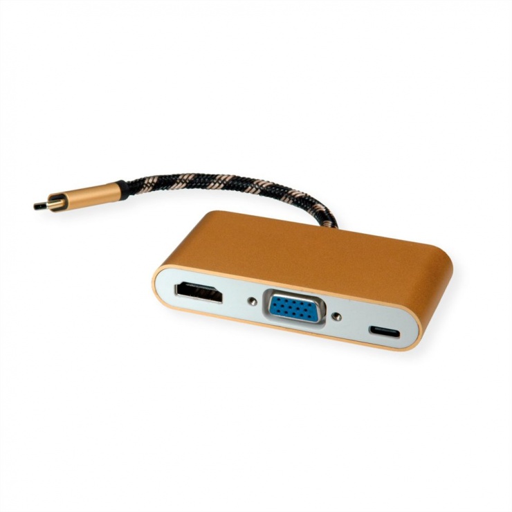 Adaptor GOLD USB-C la HDMI/VGA T-M cu alimentare PD USB-C, Roline 12.03.3155 conectica.ro