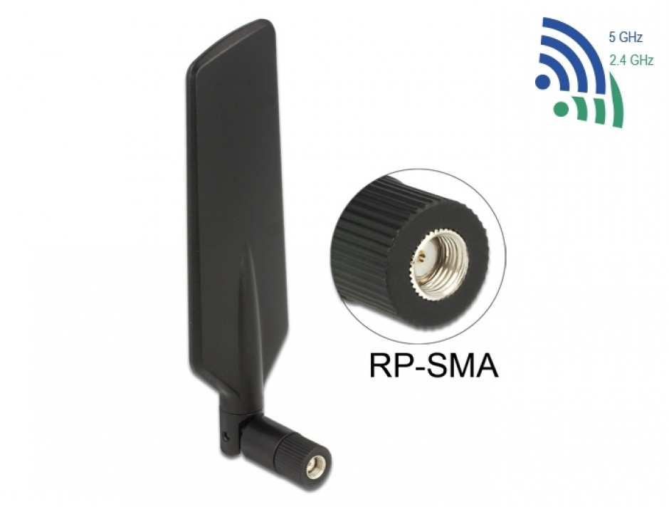 Antena LTE WLAN Dual Band RP-SMA 1 – 4 dBi omnidirectional rotabila, Delock 12409