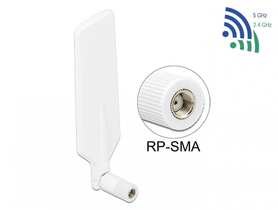 Antena LTE WLAN Dual Band RP-SMA 1 ~ 4 dBi omnidirectional rotabil alb, Delock 12431