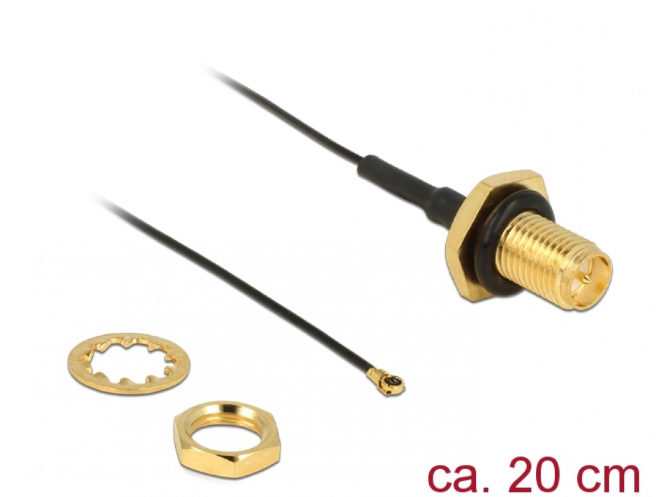 Cablu antena RP-SMA Jack Bulkhead > MHF IV/ HSC MXHP32 compatible plug 200 mm thread length 9 mm splash proof, Delock 12460 conectica.ro
