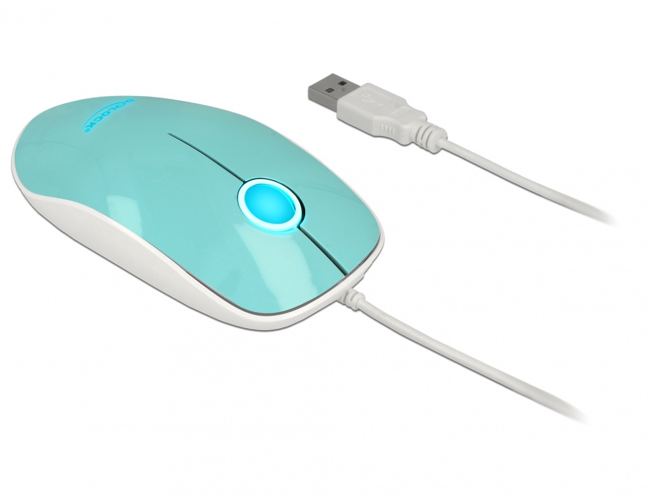 Mouse optic pe USB cu LED 3 butoane turcoaz, Delock 12538 12538