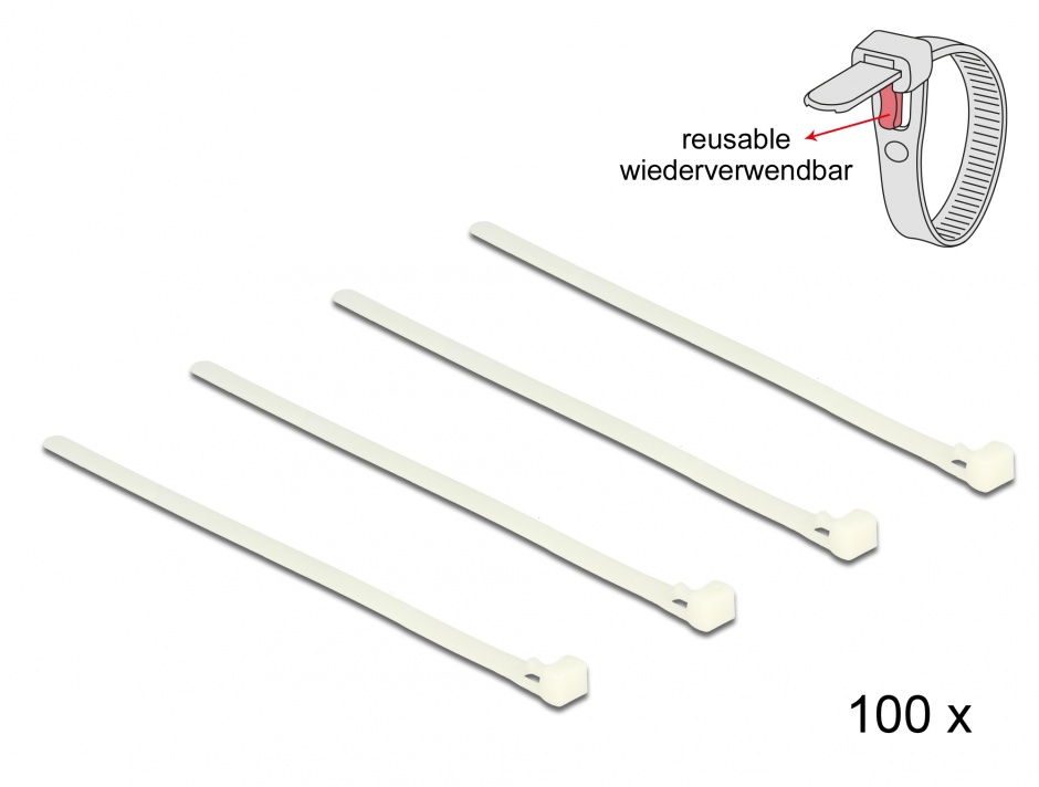 Set 100 bride reutilizabile albe 200mm x 7.2mm, Delock 18639