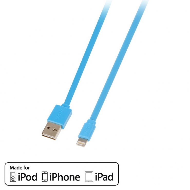 Cablu USB reversibil date + incarcare pentru iPhone 5/6 Lightning MFI 1m Bleu, Lindy L31391