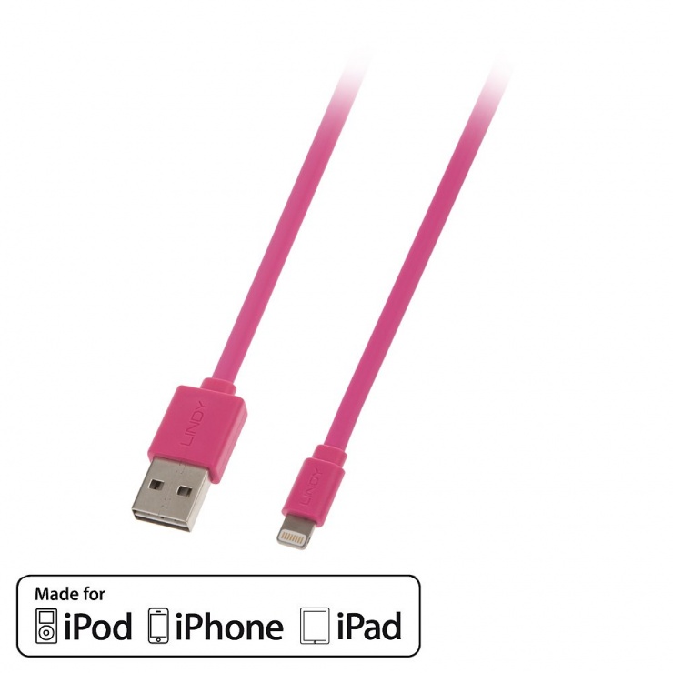 Cablu USB reversibil date + incarcare pentru iPhone 5/6 Lightning MFI 1m Roz, Lindy L31395