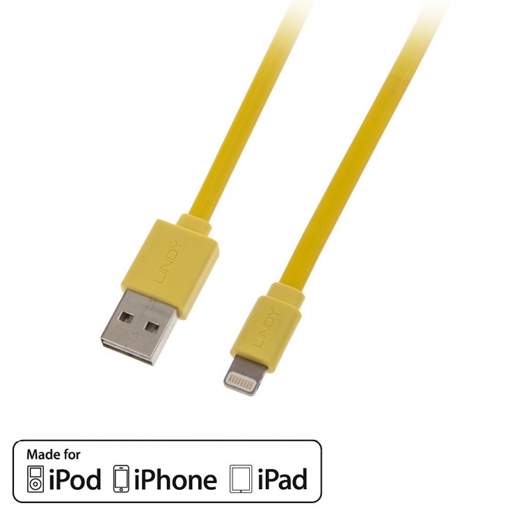 Cablu USB reversibil date + incarcare pentru iPhone 5/6 Lightning MFI 1m Galben, Lindy L31393 conectica.ro