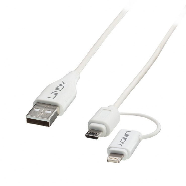 Cablu USB 2.0 la micro USB-B + adaptor Lightning MFI 1m, Lindy L31345 imagine noua