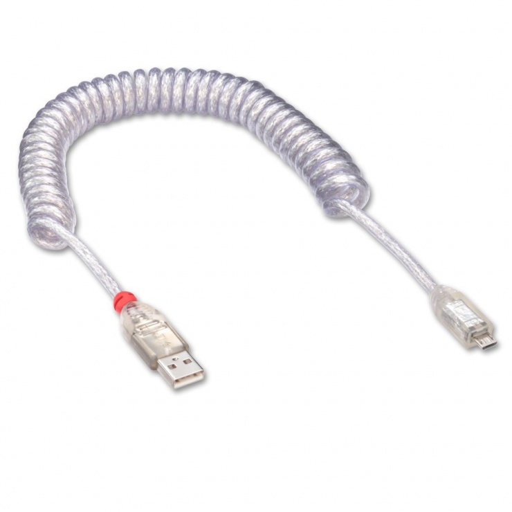 Cablu USB la micro USB 2.0 spiralat transparent 0.2m, Lindy L31926 0.2m