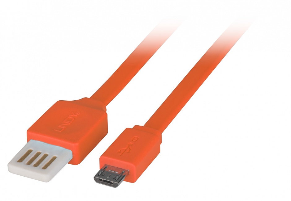 Cablu USB 2.0 la micro USB-B Flat reversibil 0.5m Orange, Lindy L30895 0.5m imagine noua 2022