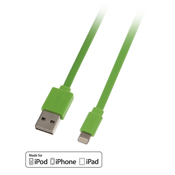 Cablu USB reversibil date + incarcare pentru iPhone 5/6 Lightning MFI 1m Verde, Lindy L31392