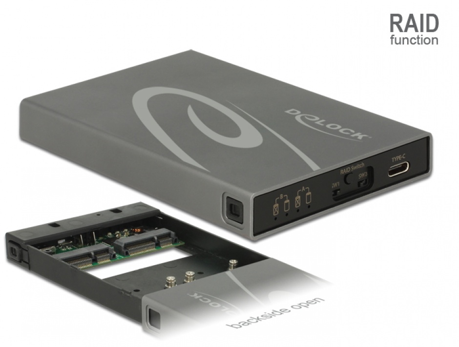 Rack extern 2 x mSATA SSD la USB 3.1 Gen 2 USB-C cu RAID, Delock 42590 conectica.ro